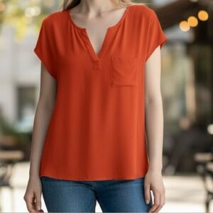 Banana Republic Coral Orange Split Neck Blouse Petite Small Dopamine